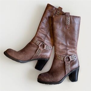 Vintage Chinese Laundry Genuine Leather Y2K Chunky Moto Brown Western Boots